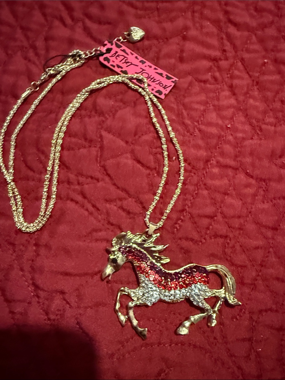 Betsey Johnson Gold-Tone Horse Pendant Necklace with Red and Clear Crystals